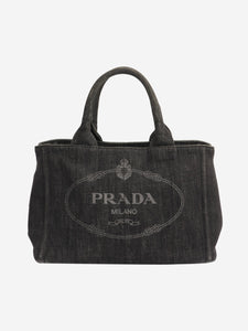 Prada Black Logo Printed Denim Tote Bag