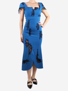 Roland Mouret Blue lace-trimmed midi dress - size UK 10