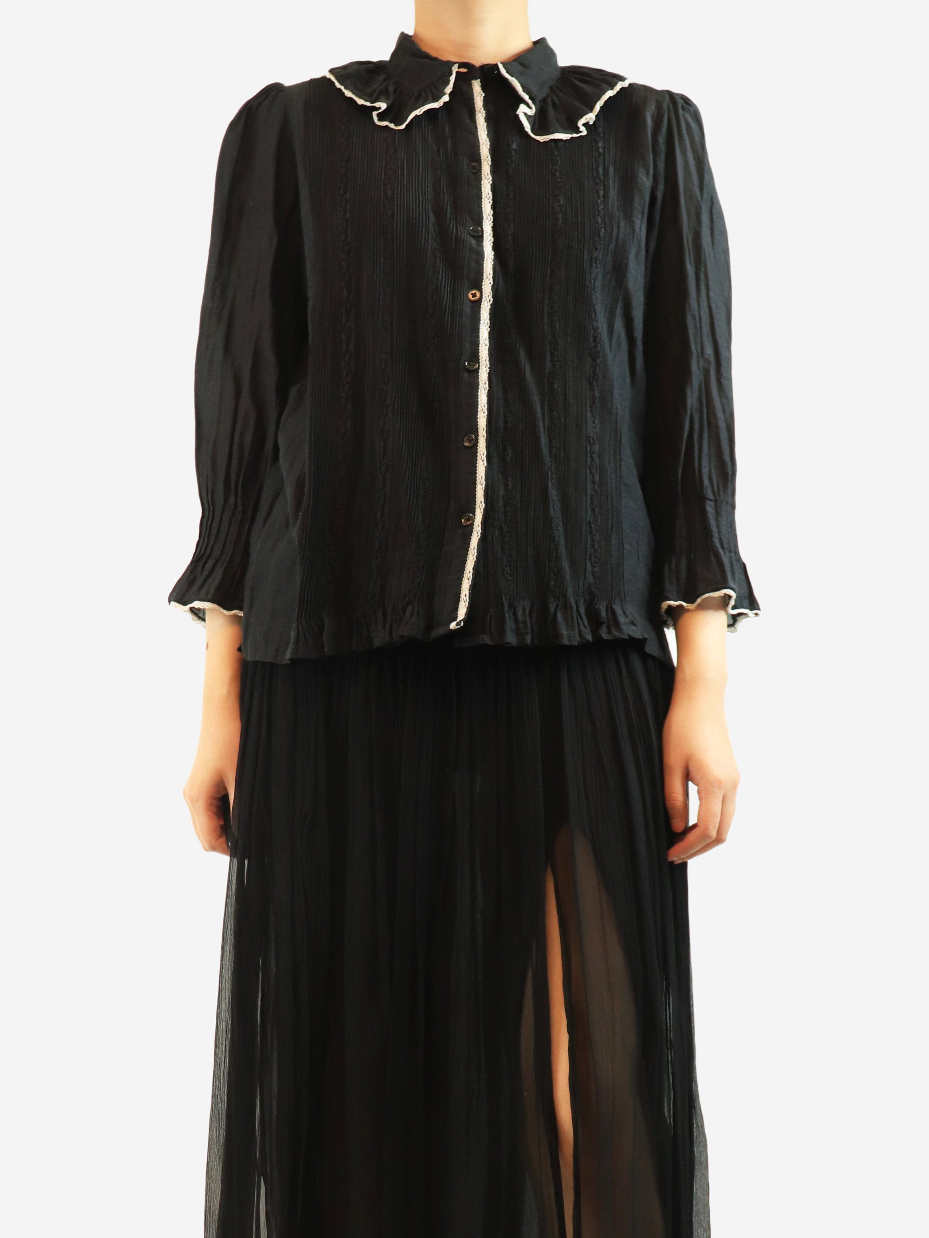 Black lace-trim blouse - size UK 12 Tops Brora 