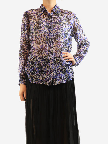 Purple silk chiffon printed blouse - size UK 14 product image