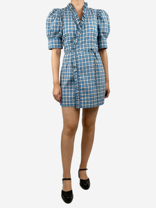 Ganni Blue check wrap ruffle mini dress - size UK 8