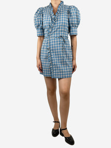 Ganni Blue check wrap ruffle mini dress - size UK 8