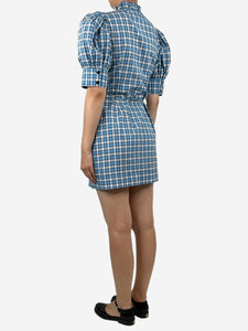 Ganni Blue check wrap ruffle mini dress - size UK 8