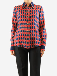 Red logo-print silk blouse - size UK 12