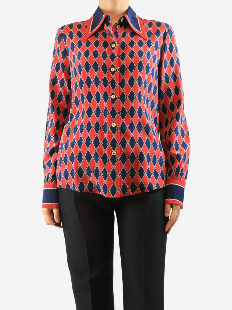 Red logo-print silk blouse - size UK 12