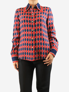 Red logo-print silk blouse - size UK 12