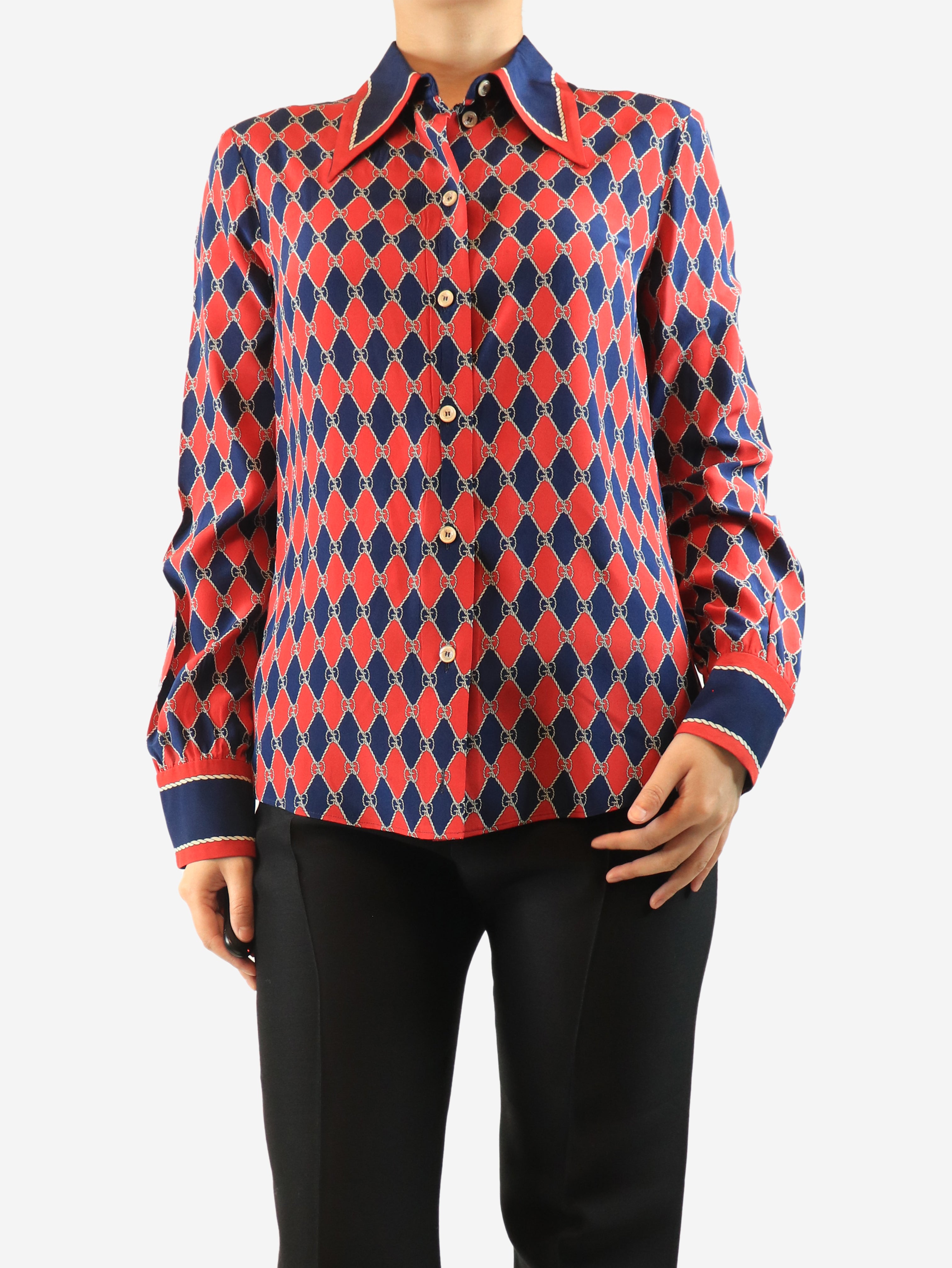 Red logo-print silk blouse - size UK 12