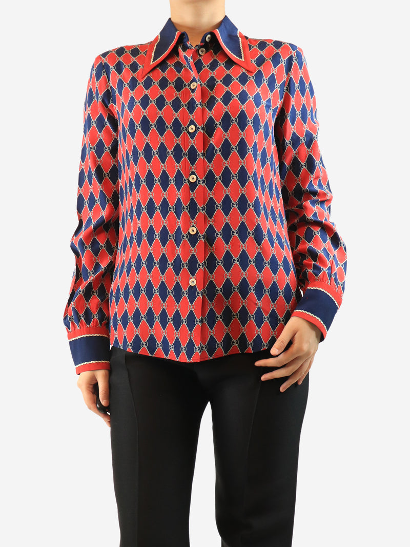 Red logo-print silk blouse - size UK 12