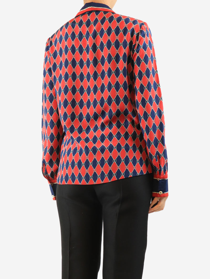Red logo-print silk blouse - size UK 12