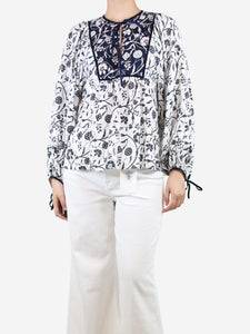 Beulah White floral-printed balloon sleeve blouse - size UK 8