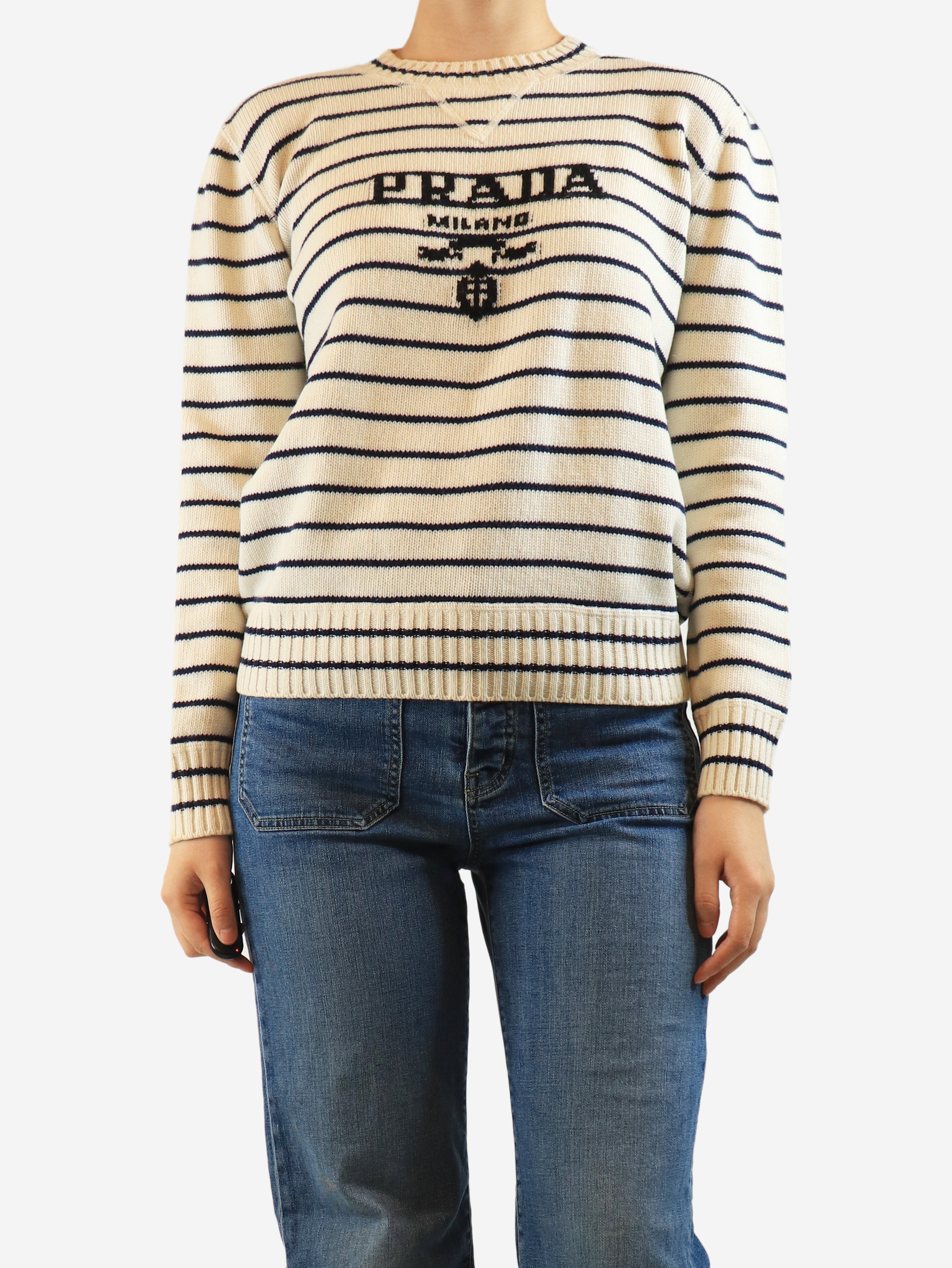 Cream striped logo jumper - size S