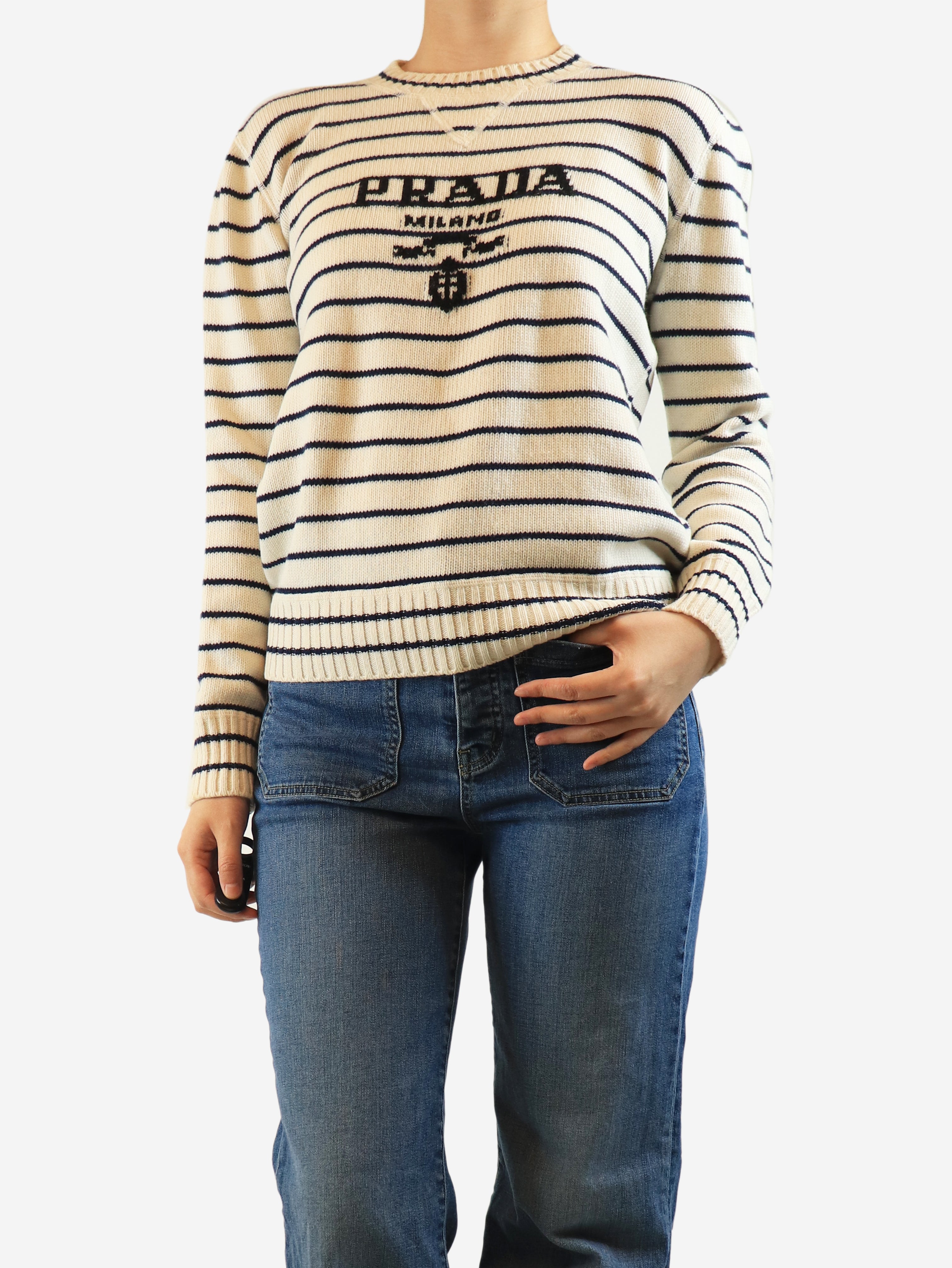 Cream striped logo jumper - size S