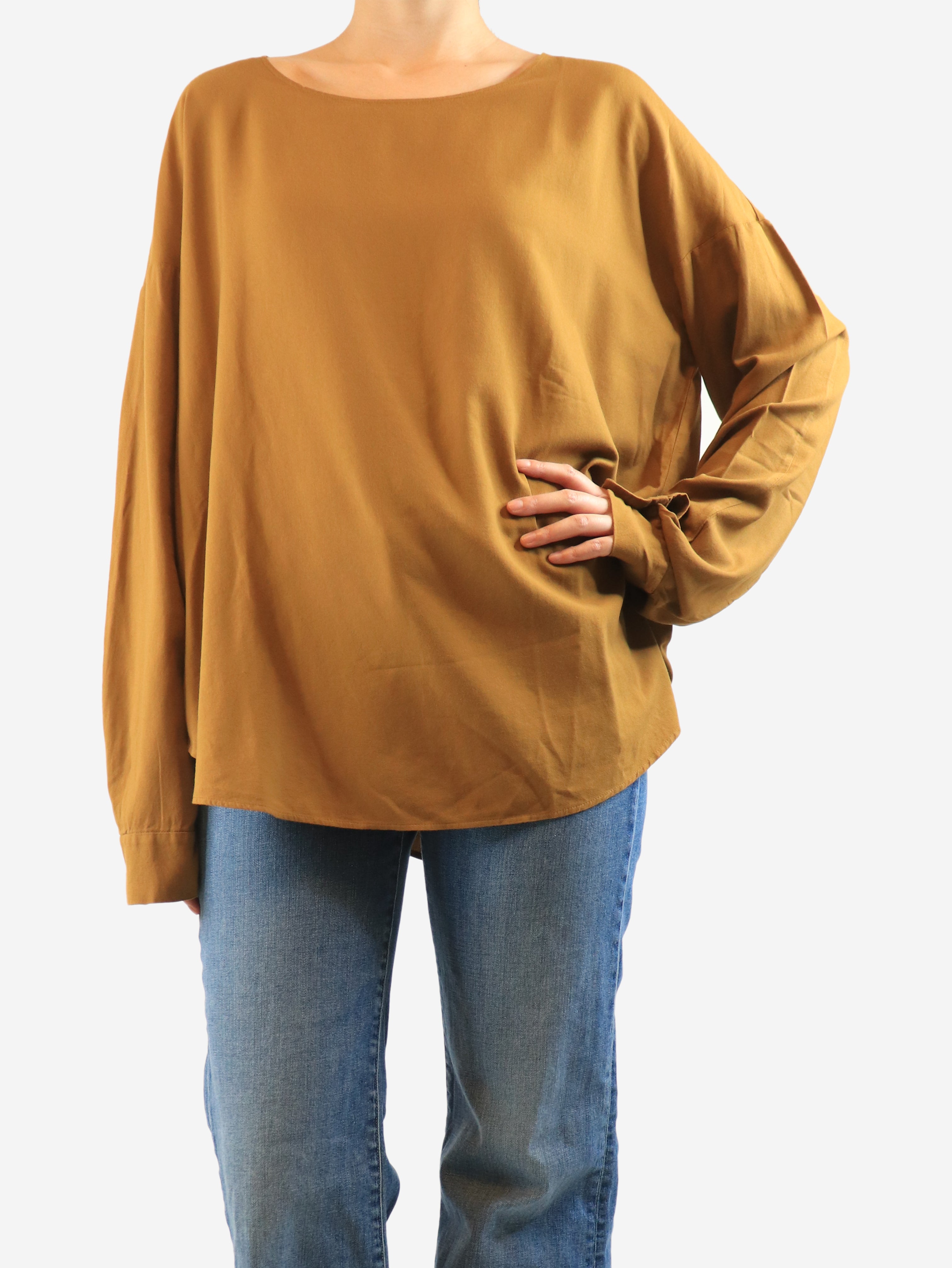 Tan long-sleeved cotton-blend top - size L