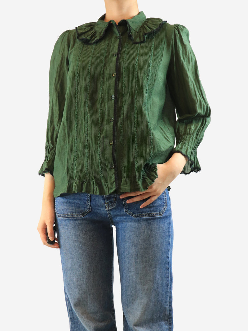 Brora Green lace-trim blouse - size UK 12 Tops Brora 