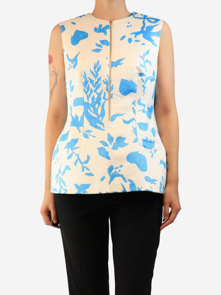 Blue and white rose zip-front top - size UK 12 product image