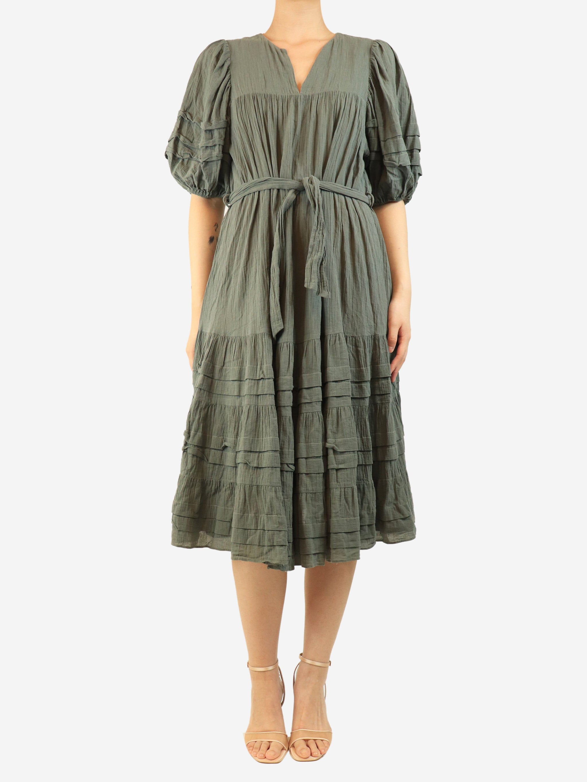 Green belted midi dress - size UK 12