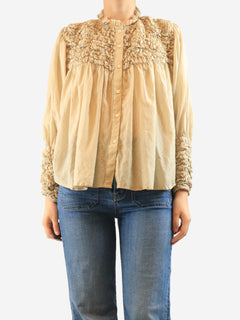 Neutral pinstripe frill blouse - size L
