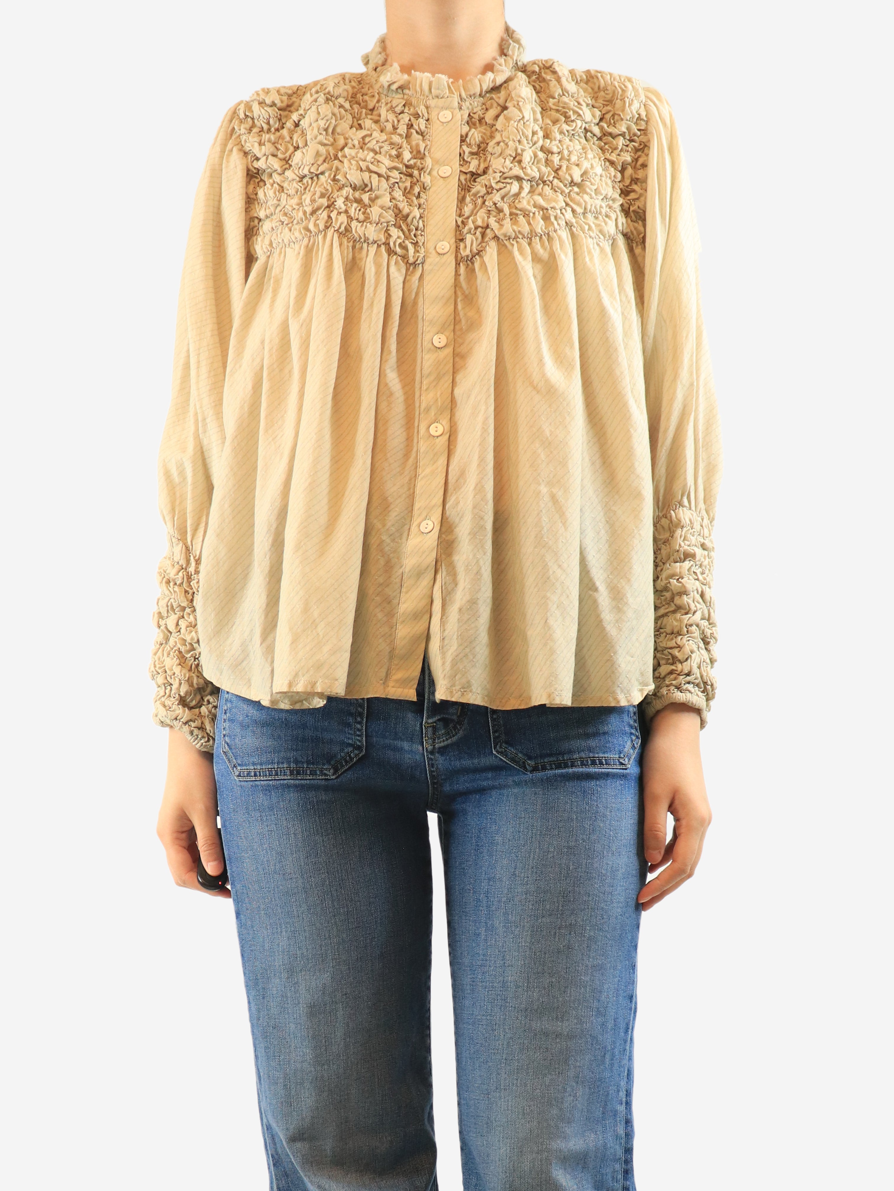 Neutral pinstripe frill blouse - size L