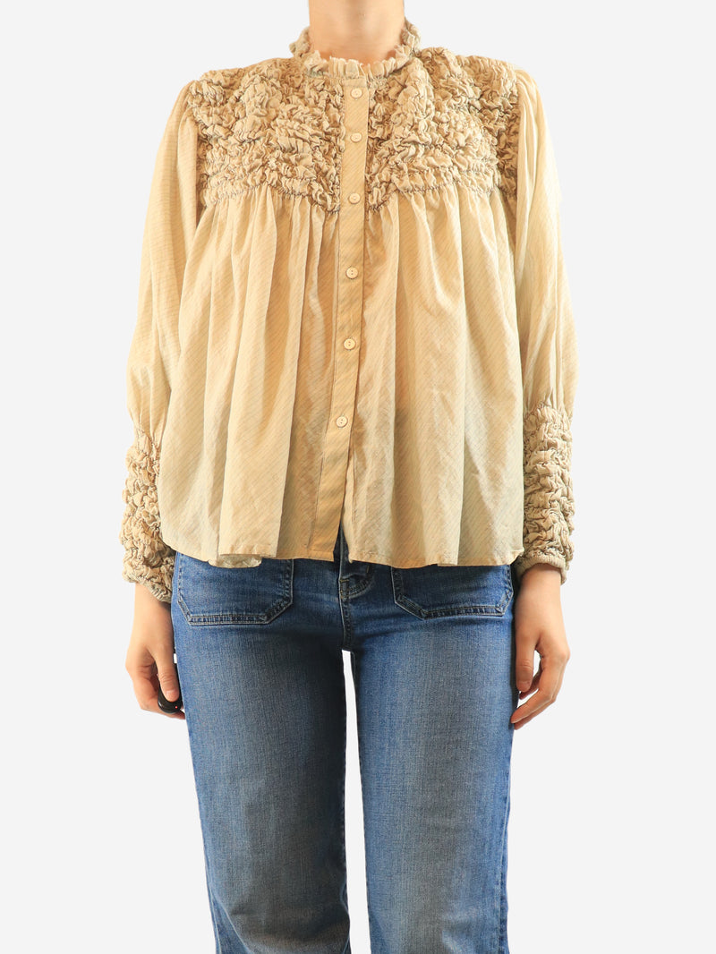 Neutral pinstripe frill blouse - size L