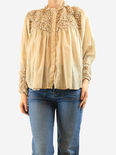 Neutral pinstripe frill blouse - size L