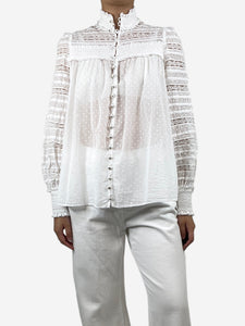 Zimmermann White ruffled tonal polka-dot blouse - size UK 10