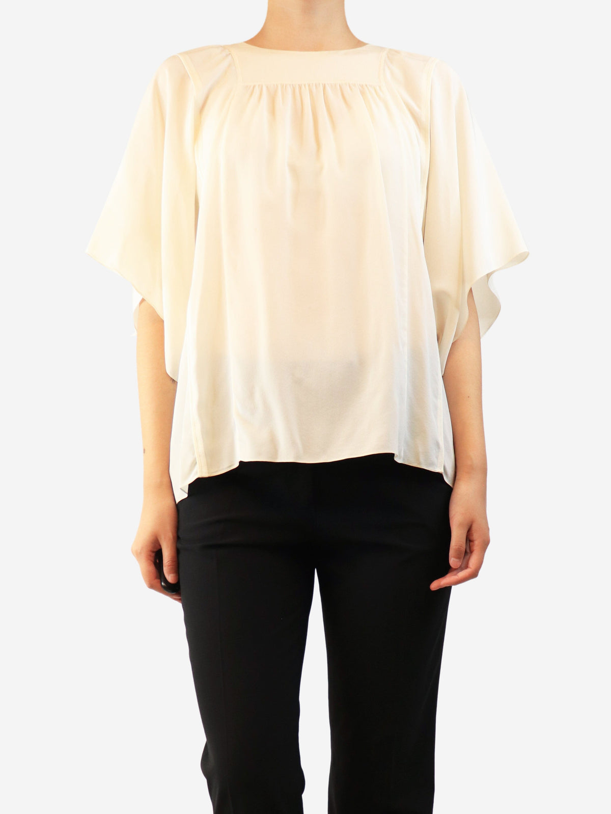 Cream short-sleeved silk crepe blouse - size UK 14