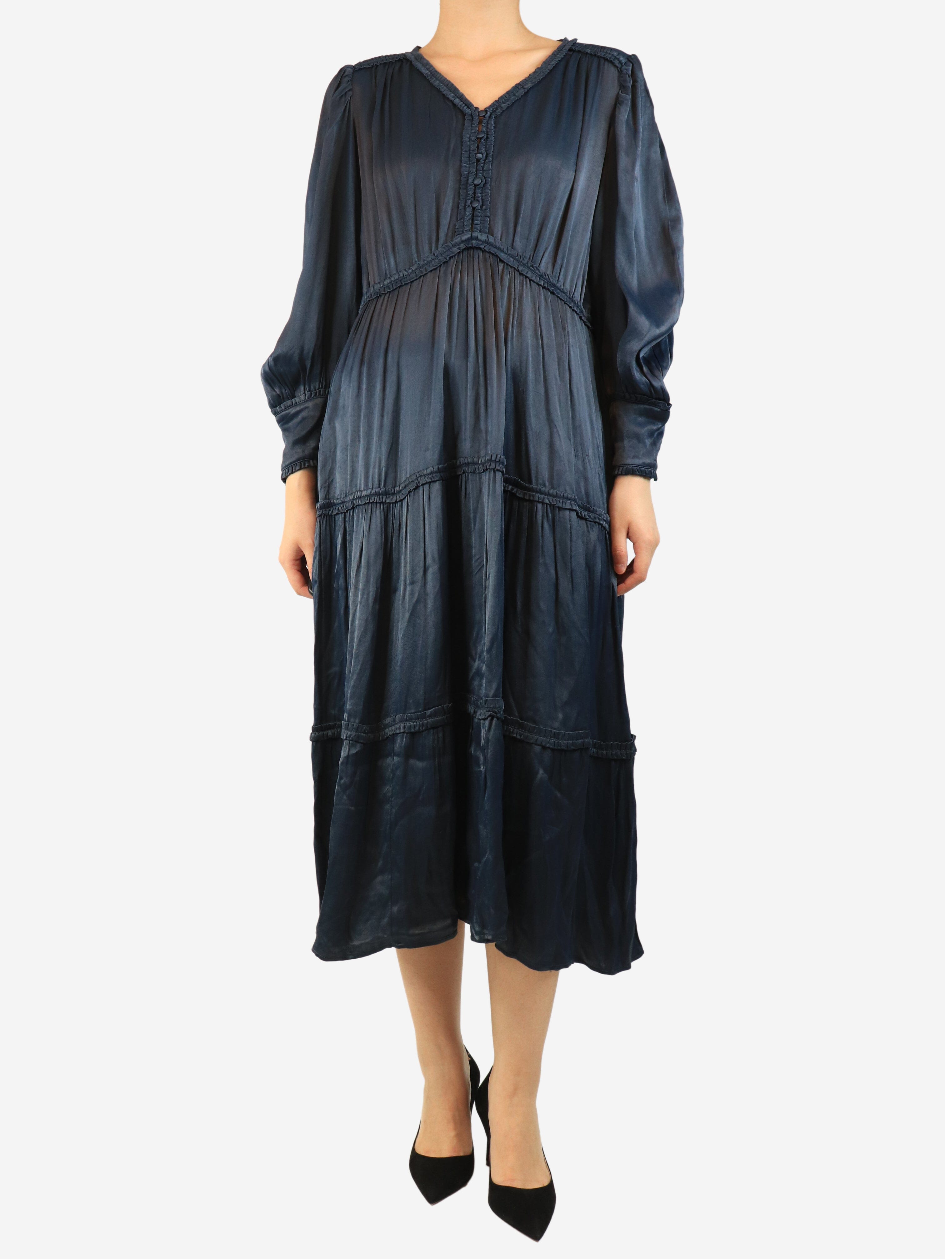 Navy Rosalie ruffle midi dress - size UK 12 Dresses Wyse 