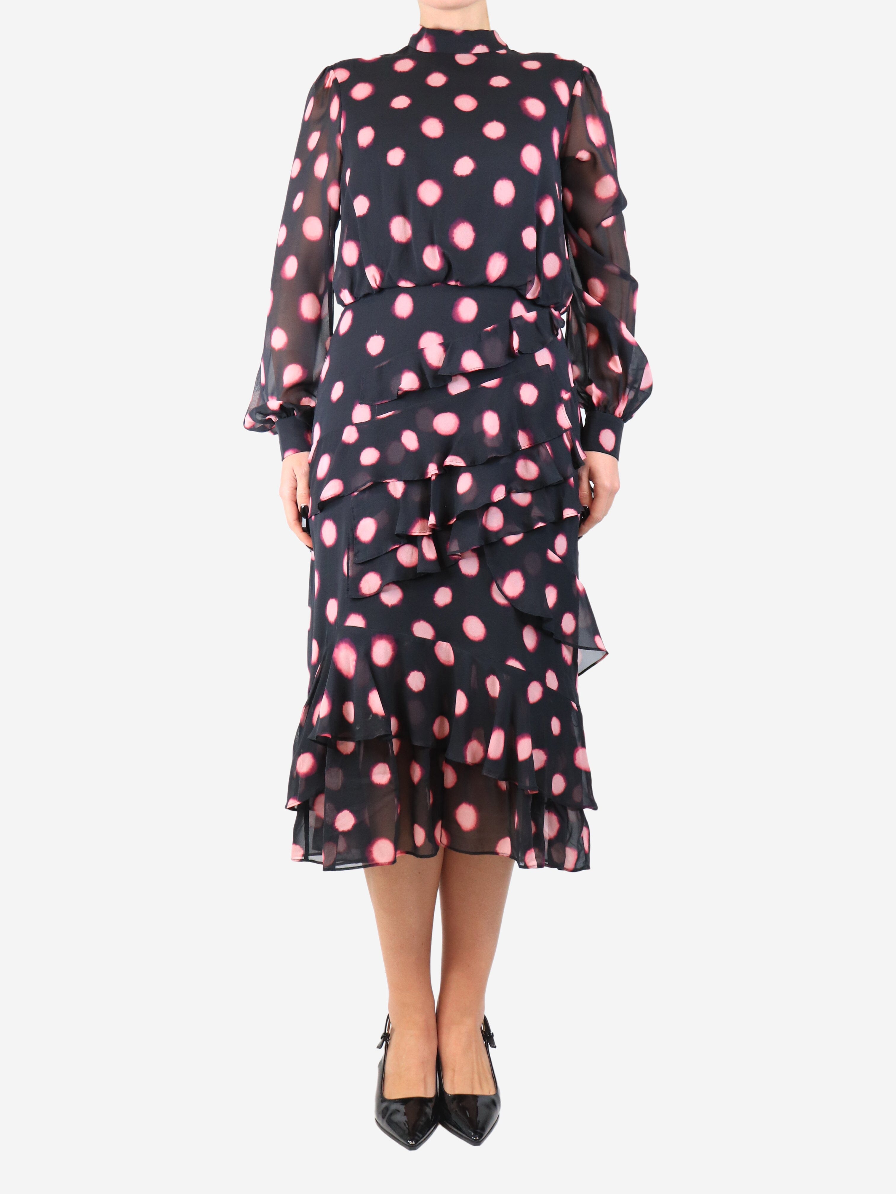 Black tie-dye polka dot ruffled midi dress - size UK 12 Dresses Saloni 