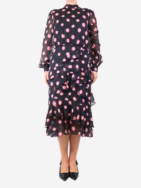 Black tie-dye polka dot ruffled midi dress - size UK 12 product image
