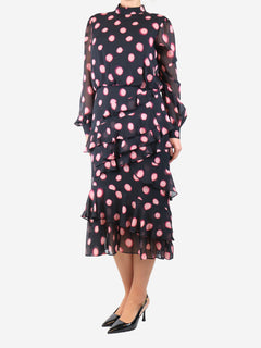 Black tie-dye polka dot ruffled midi dress - size UK 12 Dresses Saloni 