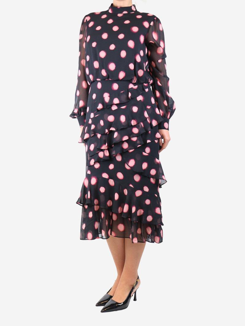 Black tie-dye polka dot ruffled midi dress - size UK 12 Dresses Saloni 