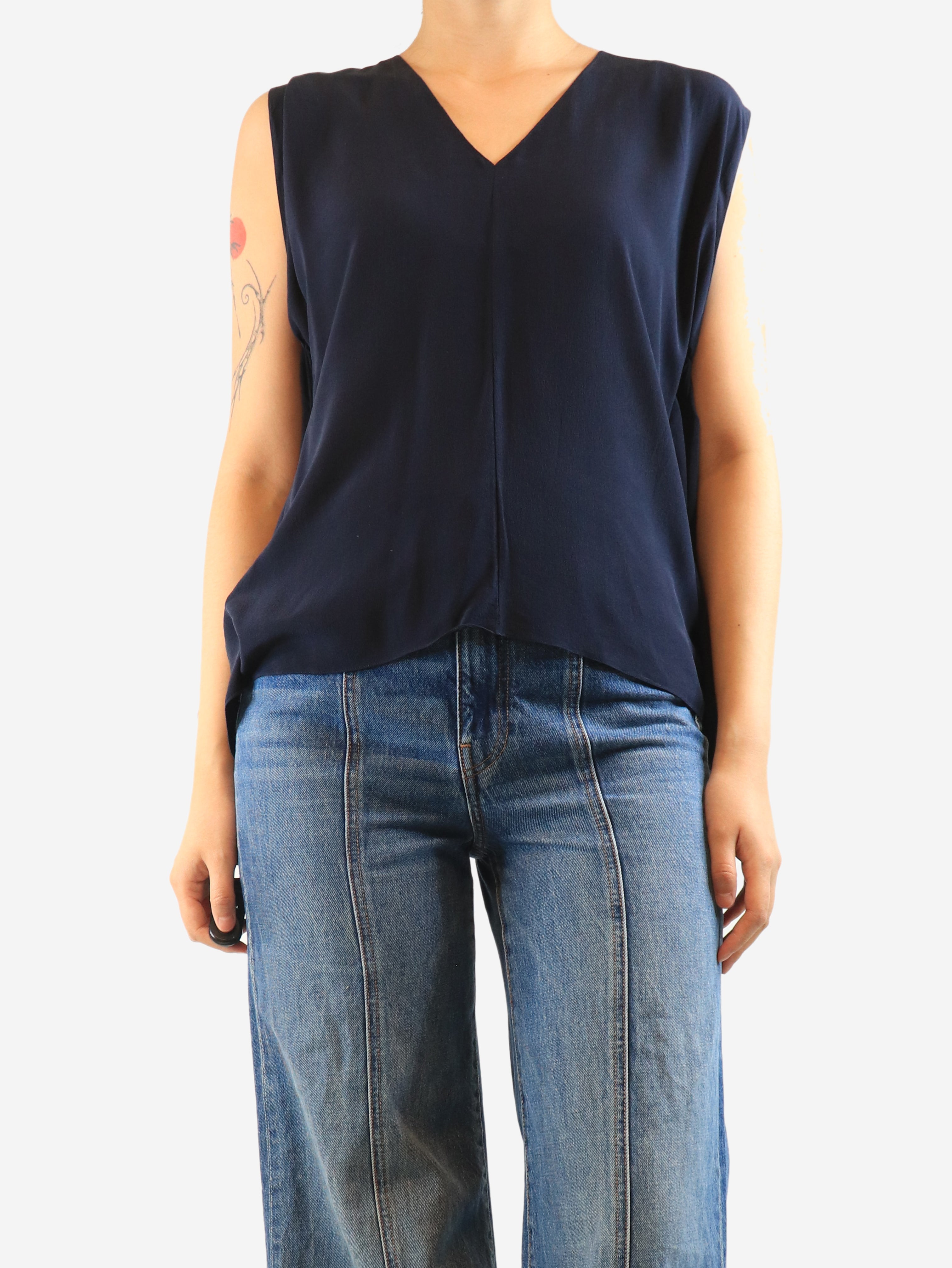 Navy silk sleeveless blouse - size UK 10