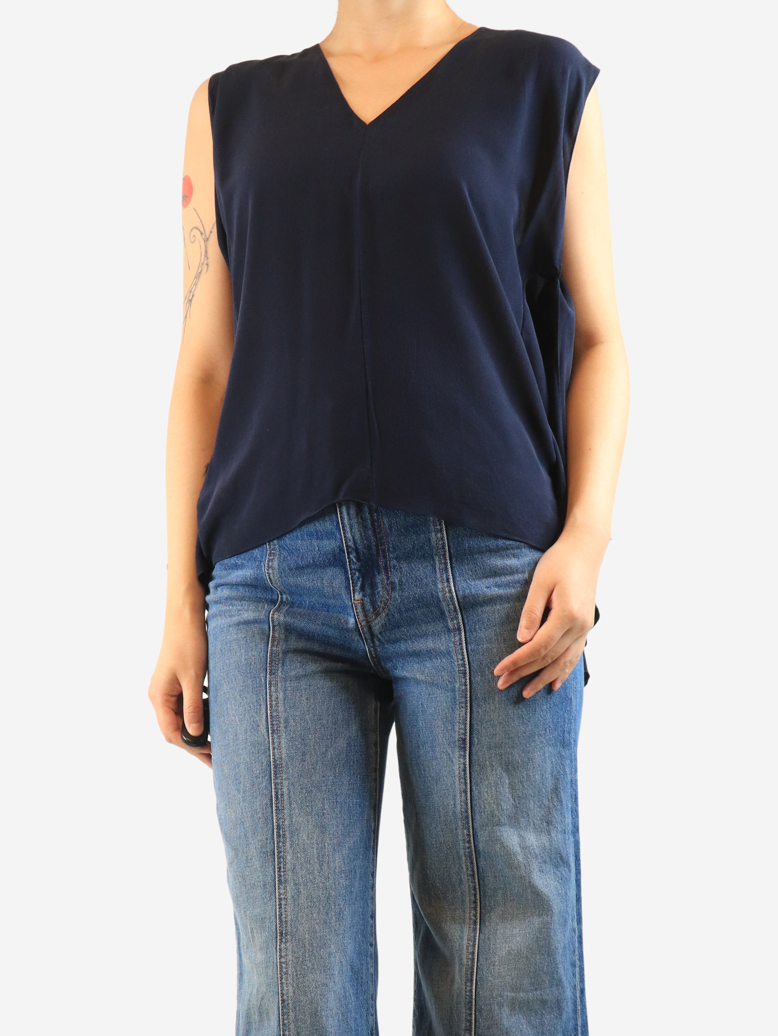 Navy silk sleeveless blouse - size UK 10