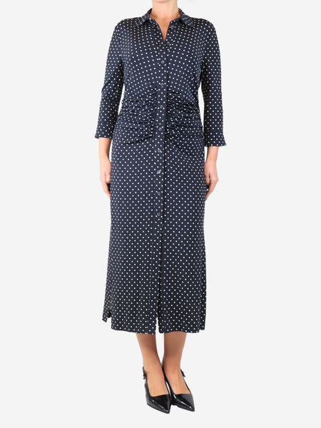 Navy blue ruched polka dot midi dress - size UK 14 product image