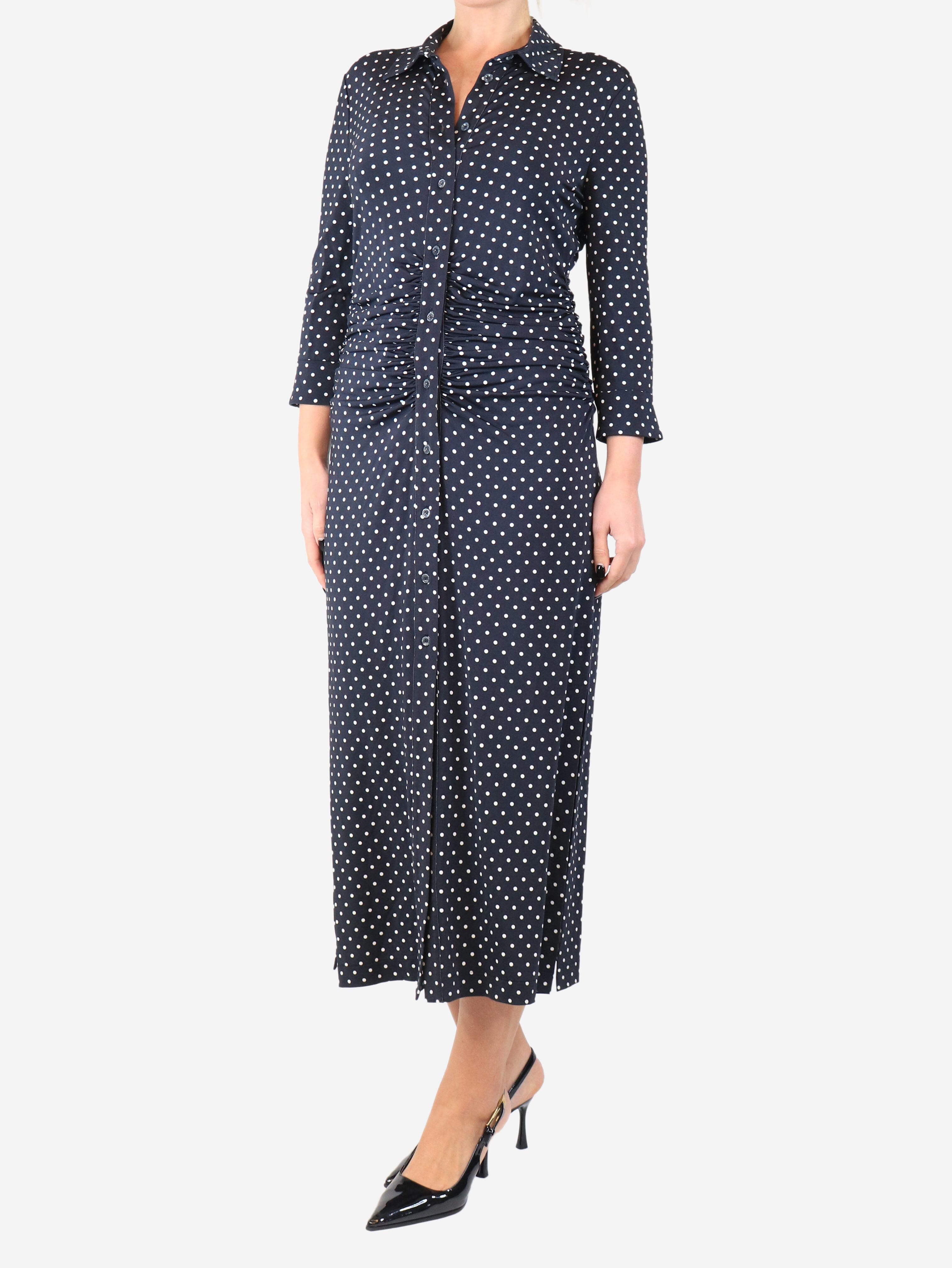 Navy blue ruched polka dot midi dress - size UK 14 Dresses Altuzarra 