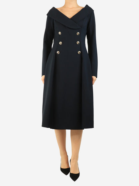 Navy off-shoulder button-front midi dress - size L product image