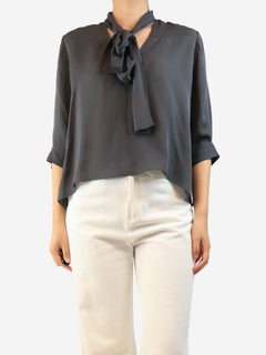 Grey silk neck-tie blouse - size M
