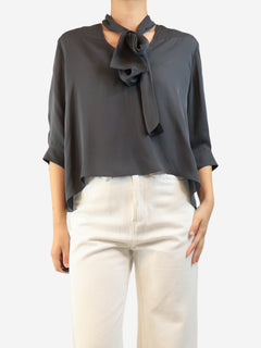 Grey silk neck-tie blouse - size M