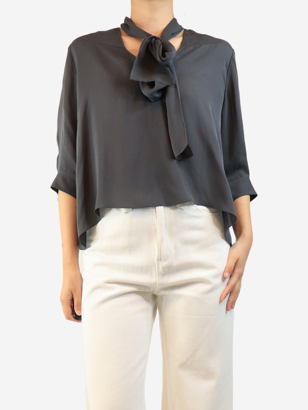 Grey silk neck-tie blouse - size M