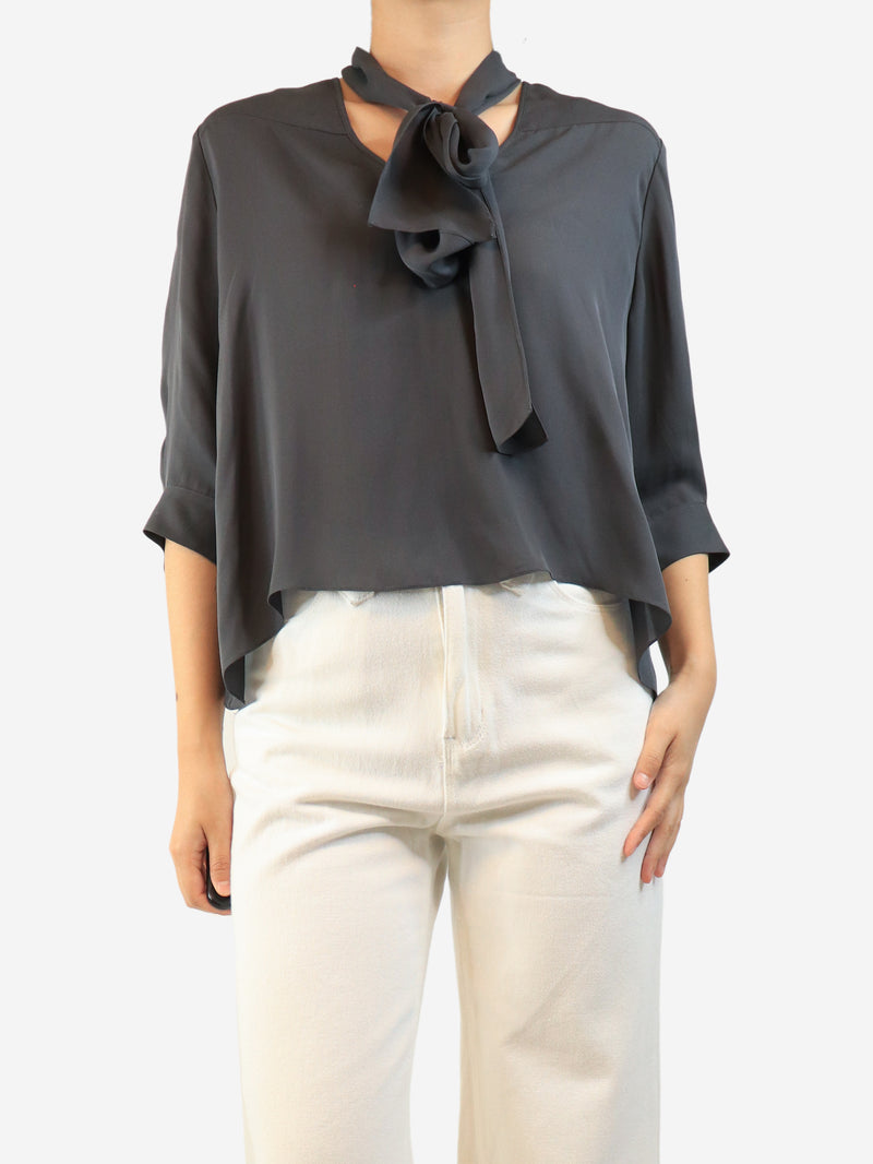 Grey silk neck-tie blouse - size M