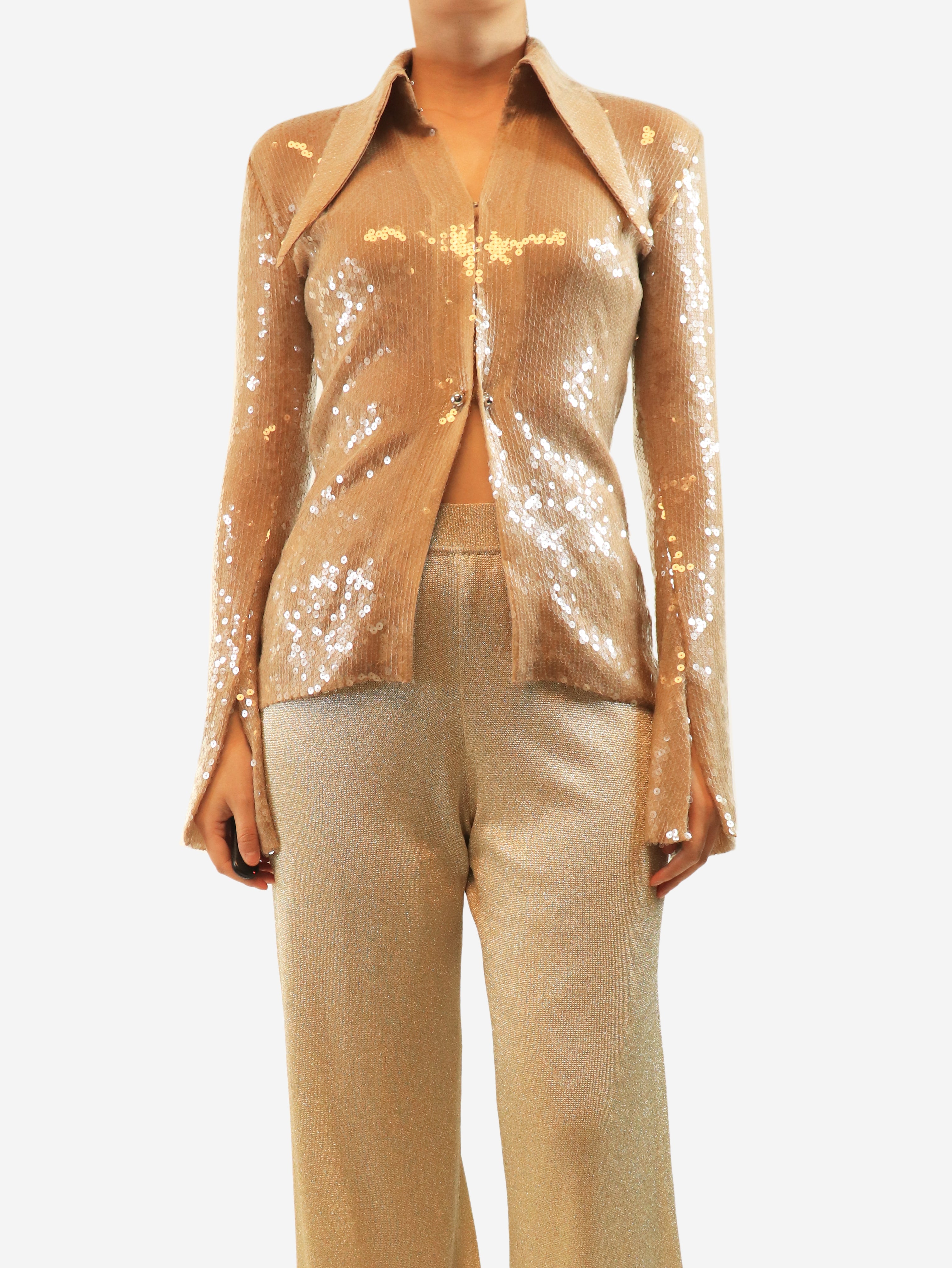 Beige sequin long-sleeve blouse - size UK 10