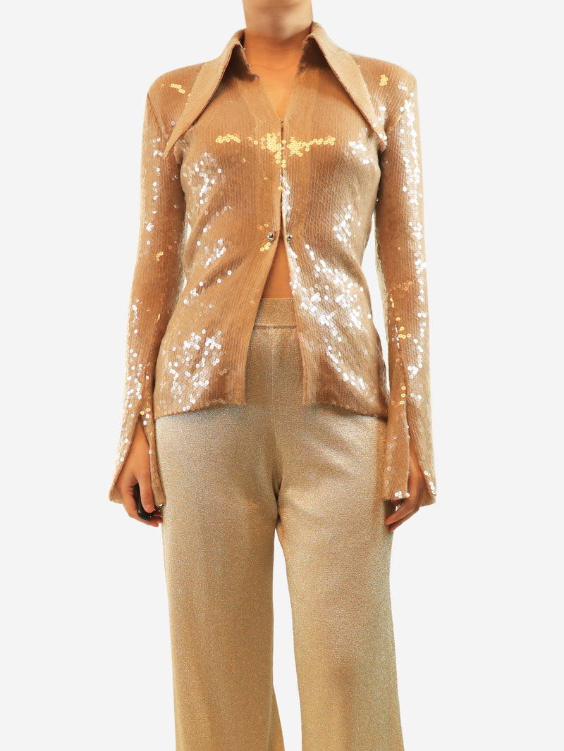 Beige sequin long-sleeve blouse - size UK 10