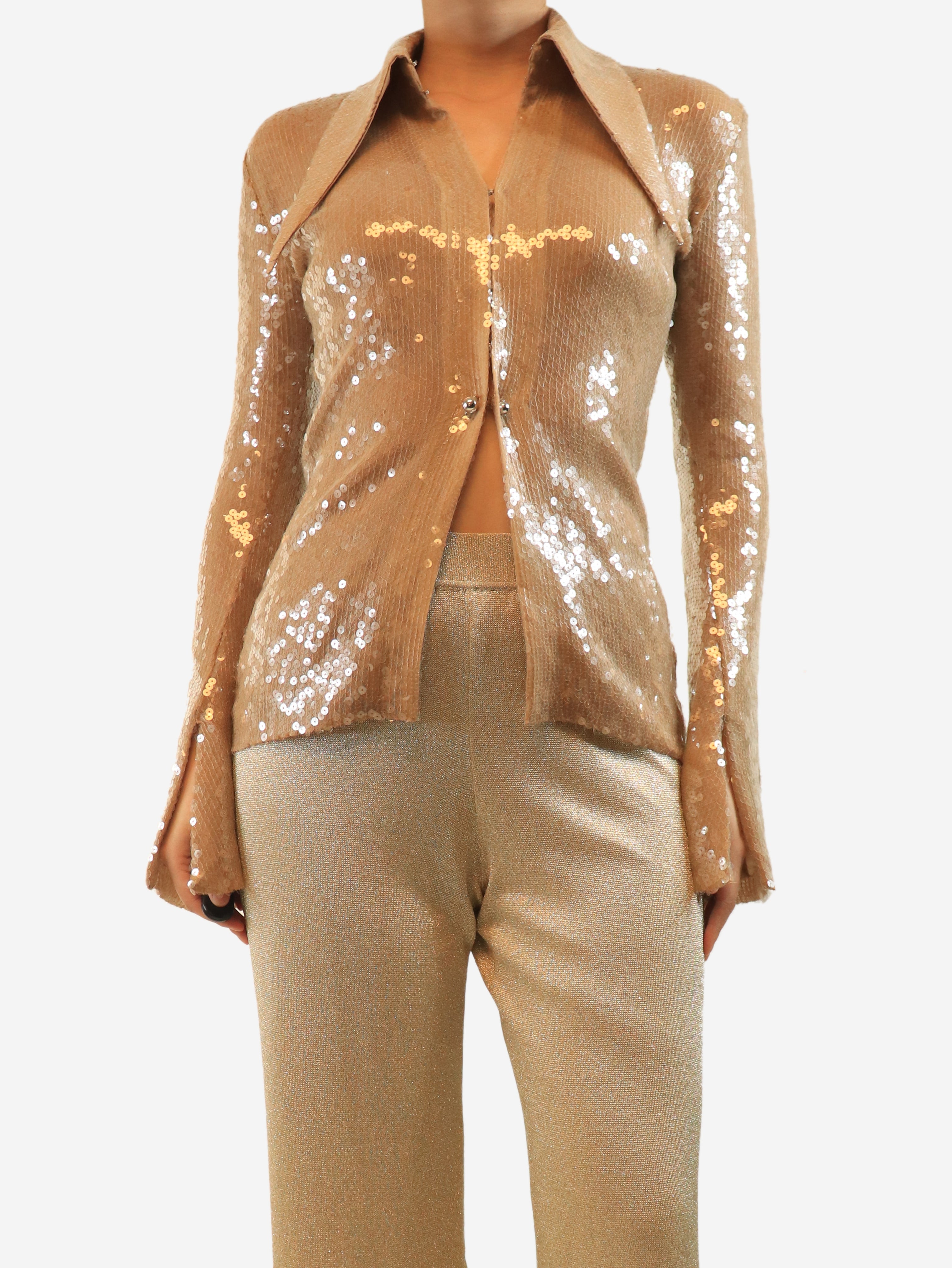 Beige sequin long-sleeve blouse - size UK 10