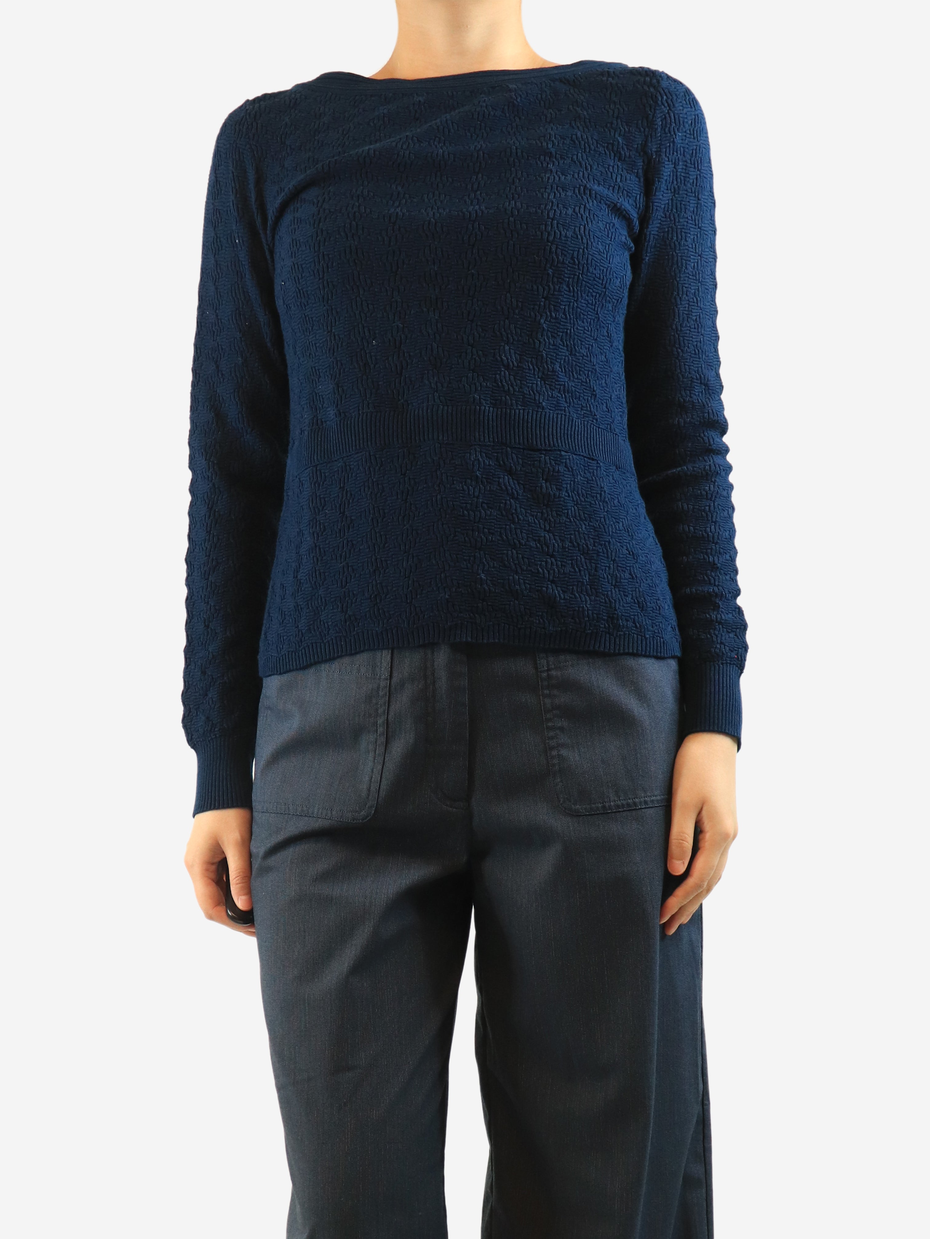 Navy cotton button-back top - size UK 8