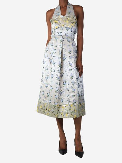 Grey floral jacquard halterneck dress - size UK 6
