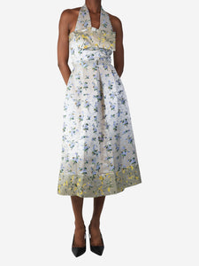 Alexander McQueen Grey floral jacquard halterneck dress - size UK 6