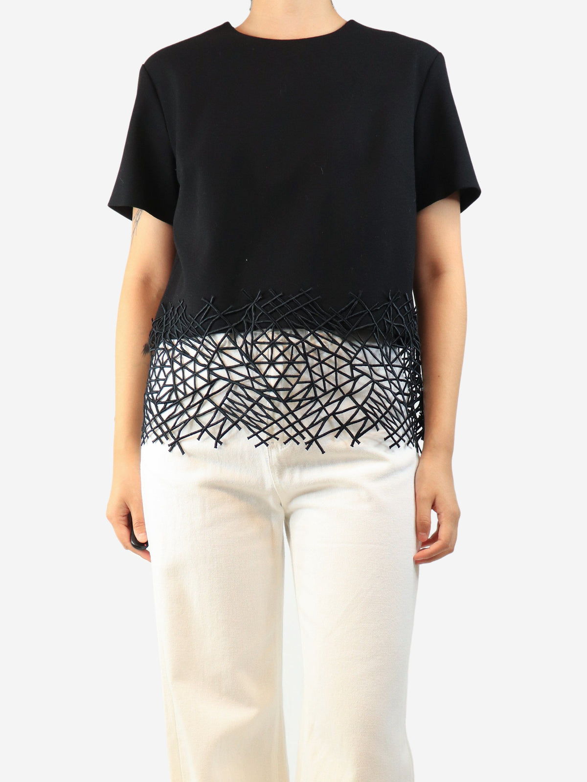 Black short-sleeved wool crepe top - size UK 12