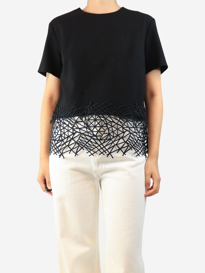 Black short-sleeved wool crepe top - size UK 12