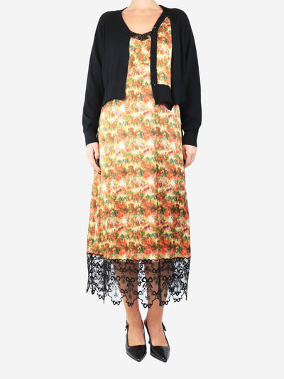 Black satin floral lace-trimmed slip dress and cardigan set - size UK 12 Sets Simone Rocha 