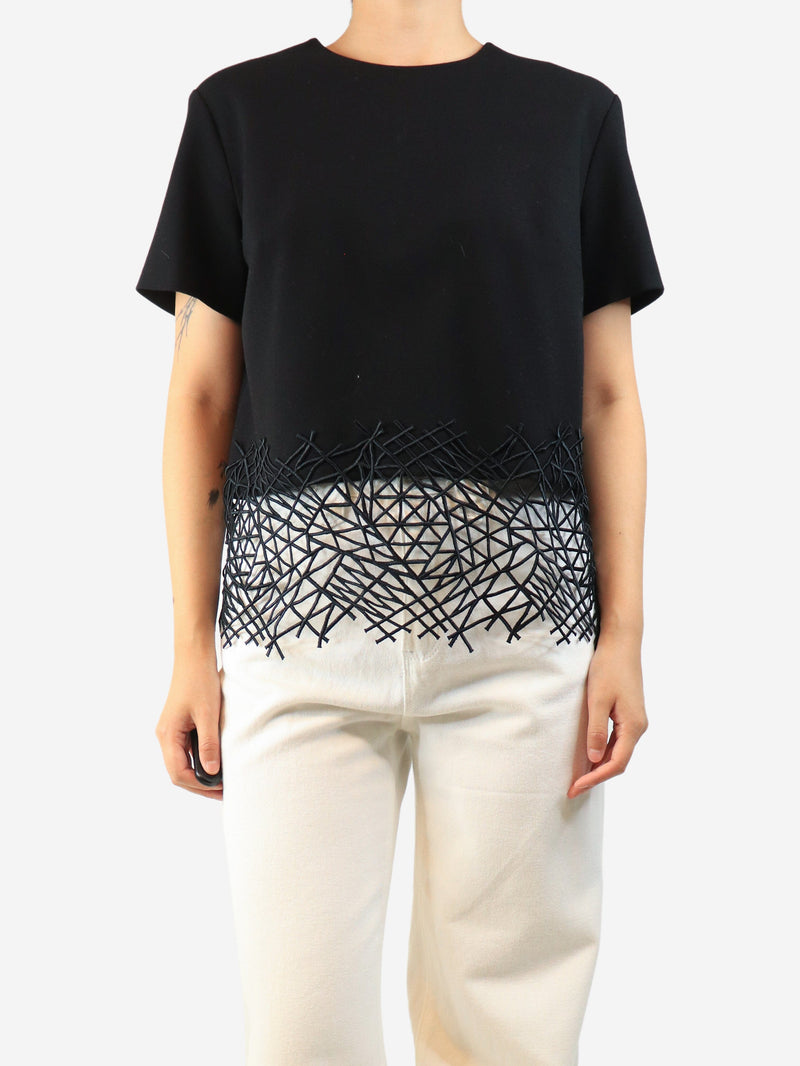 Black short-sleeved wool crepe top - size UK 12